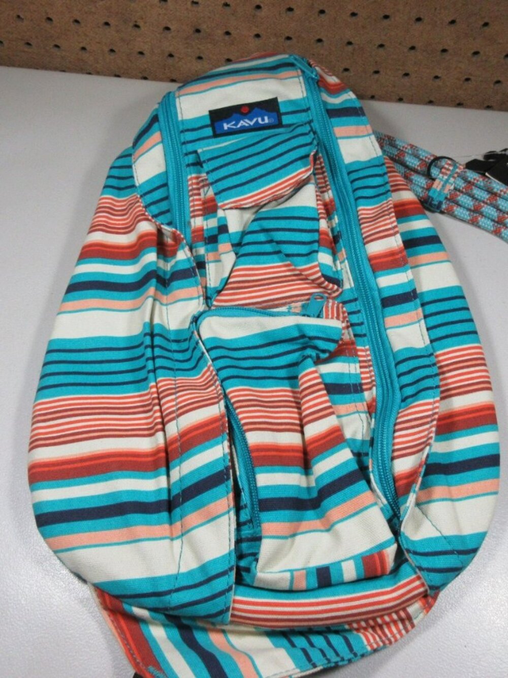 KAVU colorful offwhite striped canvas Banded Rope sling bag 11 x 17  NWT